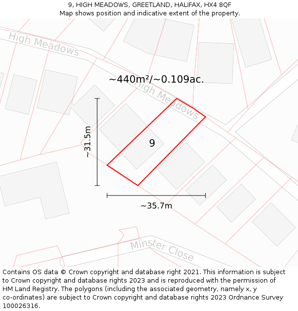 9, HIGH MEADOWS, GREETLAND, HALIFAX, HX4 8QF: Plot and title map