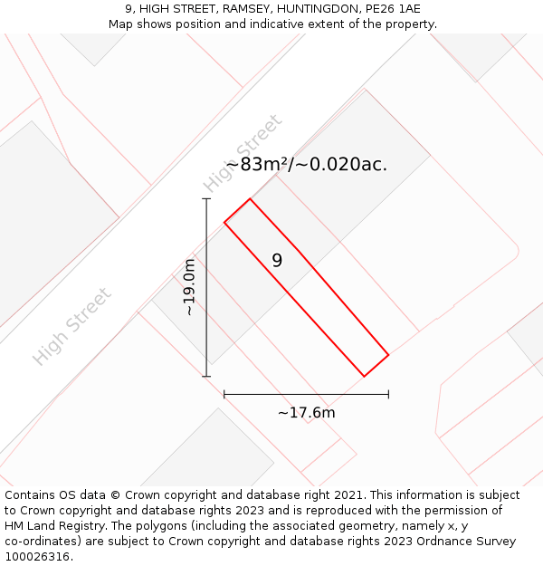 9, HIGH STREET, RAMSEY, HUNTINGDON, PE26 1AE: Plot and title map