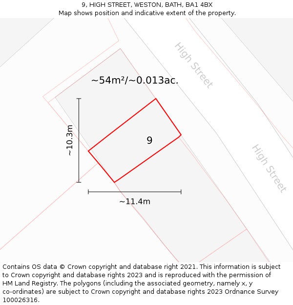 9, HIGH STREET, WESTON, BATH, BA1 4BX: Plot and title map