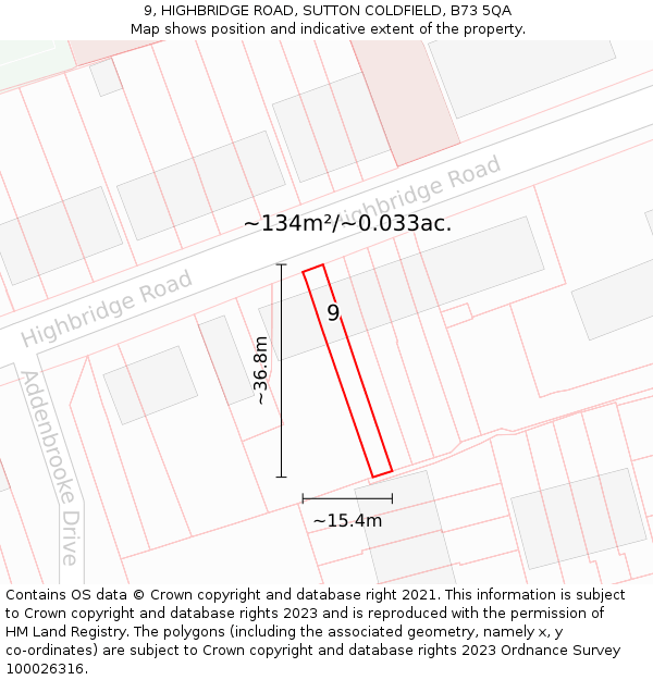 9, HIGHBRIDGE ROAD, SUTTON COLDFIELD, B73 5QA: Plot and title map