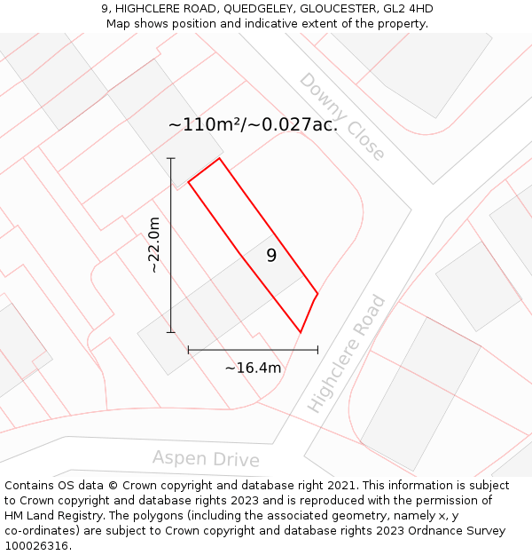 9, HIGHCLERE ROAD, QUEDGELEY, GLOUCESTER, GL2 4HD: Plot and title map