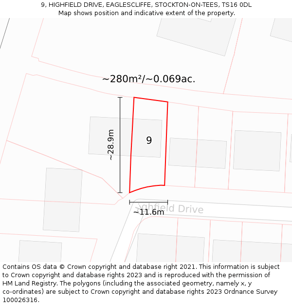 9, HIGHFIELD DRIVE, EAGLESCLIFFE, STOCKTON-ON-TEES, TS16 0DL: Plot and title map