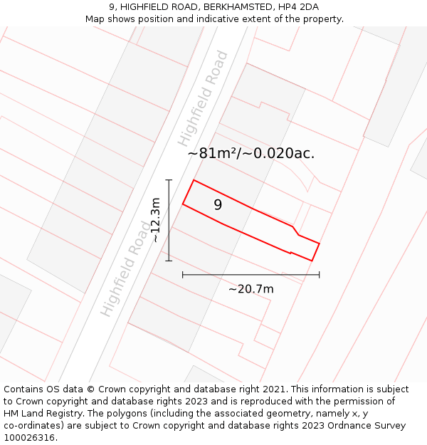 9, HIGHFIELD ROAD, BERKHAMSTED, HP4 2DA: Plot and title map