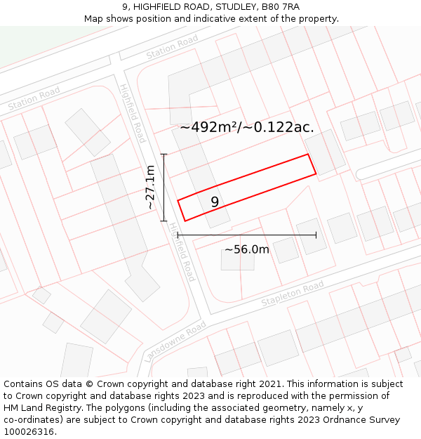9, HIGHFIELD ROAD, STUDLEY, B80 7RA: Plot and title map