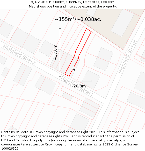 9, HIGHFIELD STREET, FLECKNEY, LEICESTER, LE8 8BD: Plot and title map