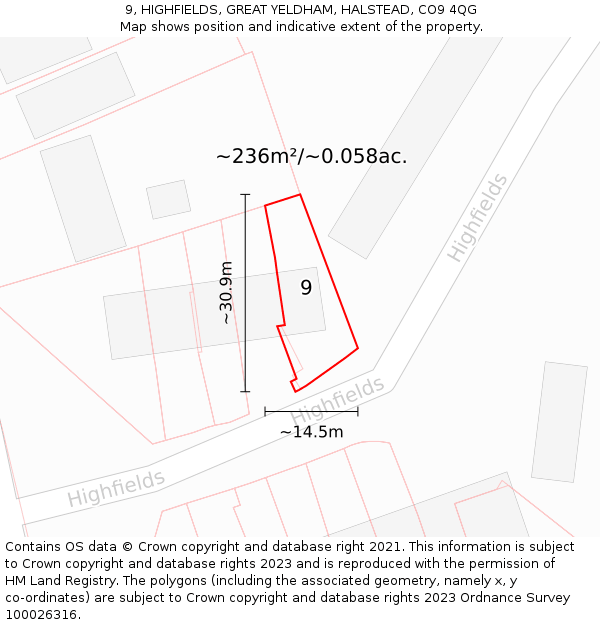 9, HIGHFIELDS, GREAT YELDHAM, HALSTEAD, CO9 4QG: Plot and title map