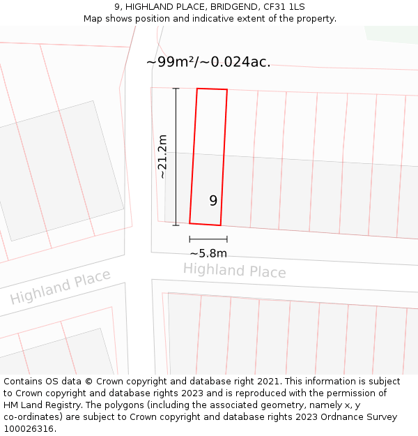 9, HIGHLAND PLACE, BRIDGEND, CF31 1LS: Plot and title map