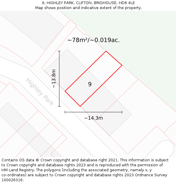 9, HIGHLEY PARK, CLIFTON, BRIGHOUSE, HD6 4LE: Plot and title map