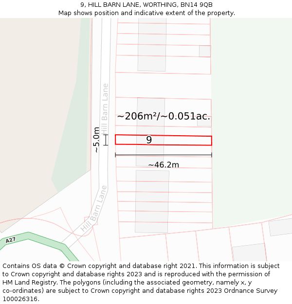 9, HILL BARN LANE, WORTHING, BN14 9QB: Plot and title map