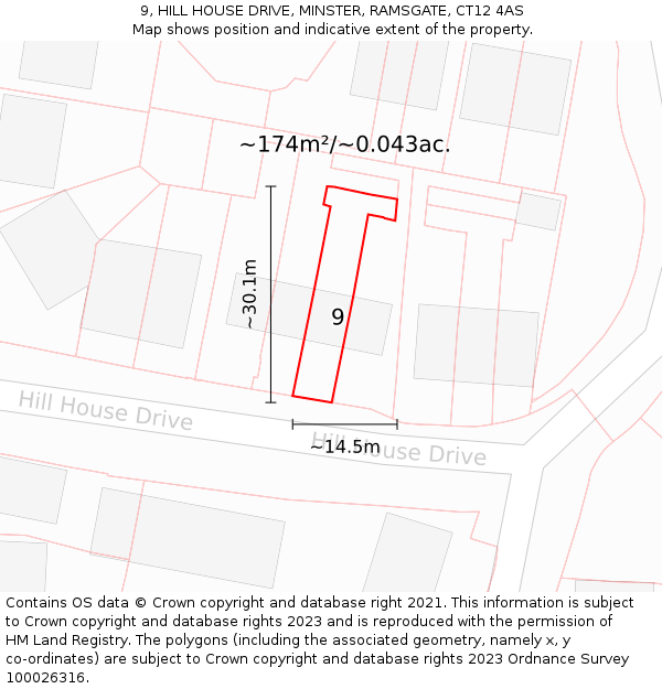 9, HILL HOUSE DRIVE, MINSTER, RAMSGATE, CT12 4AS: Plot and title map