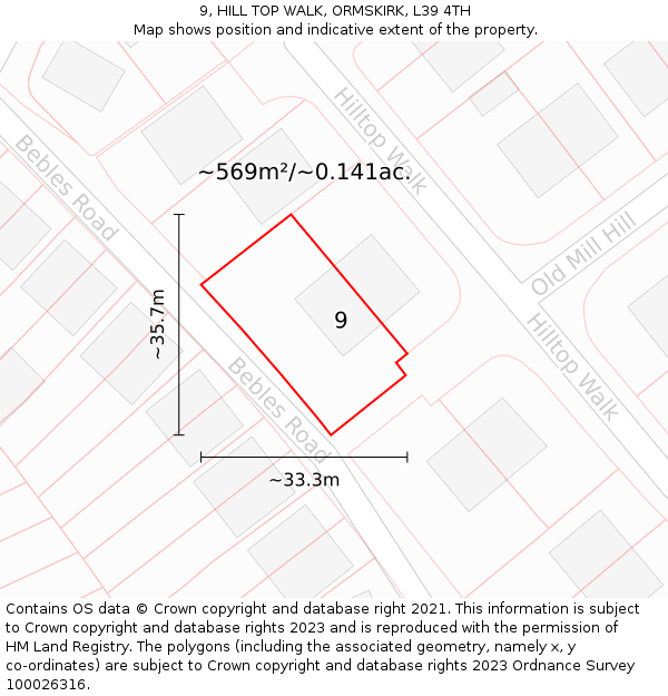 9, HILL TOP WALK, ORMSKIRK, L39 4TH: Plot and title map