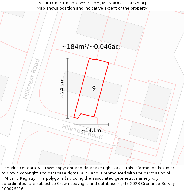 9, HILLCREST ROAD, WYESHAM, MONMOUTH, NP25 3LJ: Plot and title map