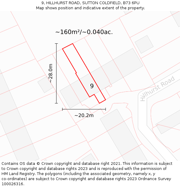 9, HILLHURST ROAD, SUTTON COLDFIELD, B73 6PU: Plot and title map