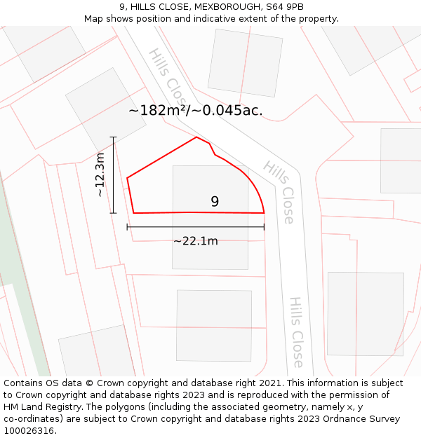 9, HILLS CLOSE, MEXBOROUGH, S64 9PB: Plot and title map