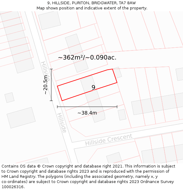 9, HILLSIDE, PURITON, BRIDGWATER, TA7 8AW: Plot and title map