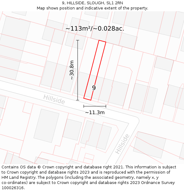 9, HILLSIDE, SLOUGH, SL1 2RN: Plot and title map