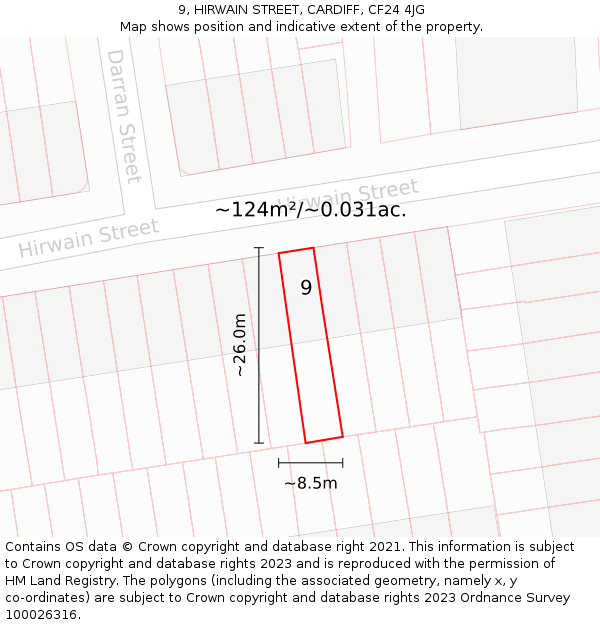 9, HIRWAIN STREET, CARDIFF, CF24 4JG: Plot and title map