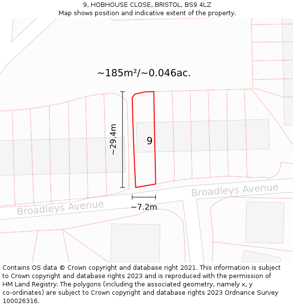 9, HOBHOUSE CLOSE, BRISTOL, BS9 4LZ: Plot and title map