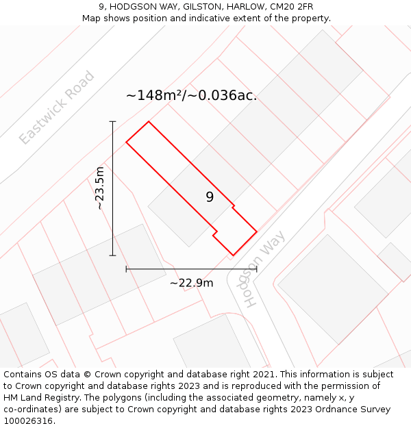 9, HODGSON WAY, GILSTON, HARLOW, CM20 2FR: Plot and title map