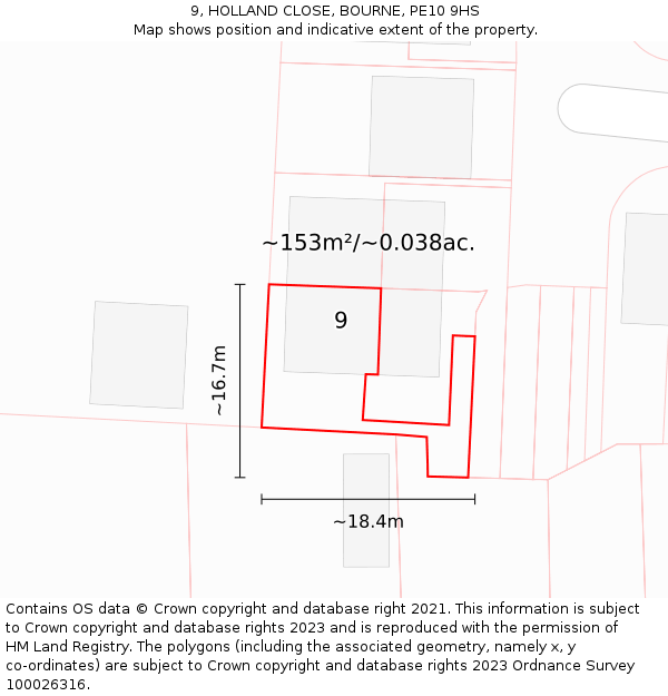 9, HOLLAND CLOSE, BOURNE, PE10 9HS: Plot and title map