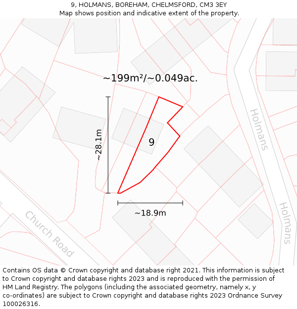 9, HOLMANS, BOREHAM, CHELMSFORD, CM3 3EY: Plot and title map