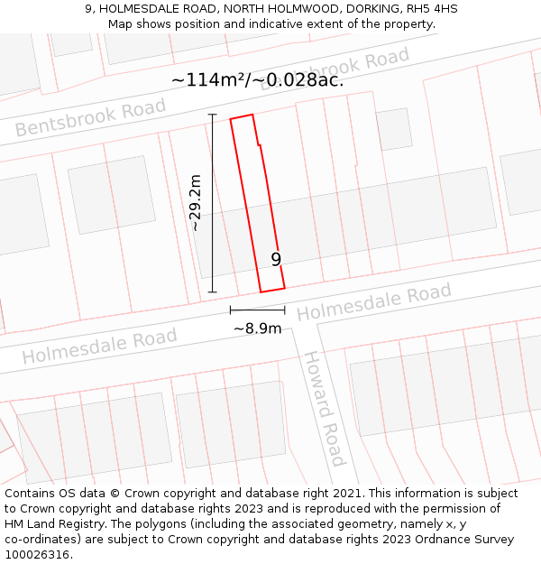 9, HOLMESDALE ROAD, NORTH HOLMWOOD, DORKING, RH5 4HS: Plot and title map