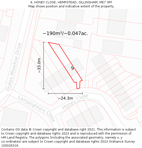 9, HONEY CLOSE, HEMPSTEAD, GILLINGHAM, ME7 3PF: Plot and title map