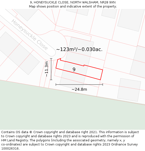9, HONEYSUCKLE CLOSE, NORTH WALSHAM, NR28 9XN: Plot and title map