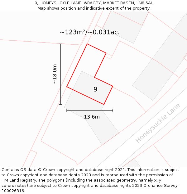 9, HONEYSUCKLE LANE, WRAGBY, MARKET RASEN, LN8 5AL: Plot and title map