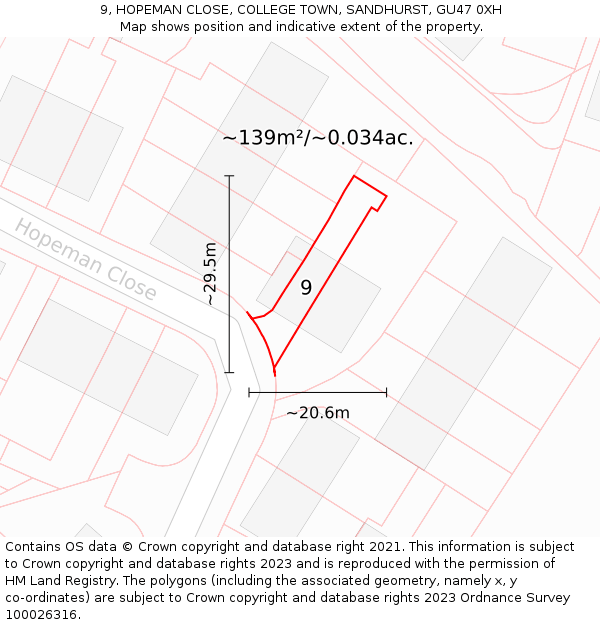 9, HOPEMAN CLOSE, COLLEGE TOWN, SANDHURST, GU47 0XH: Plot and title map