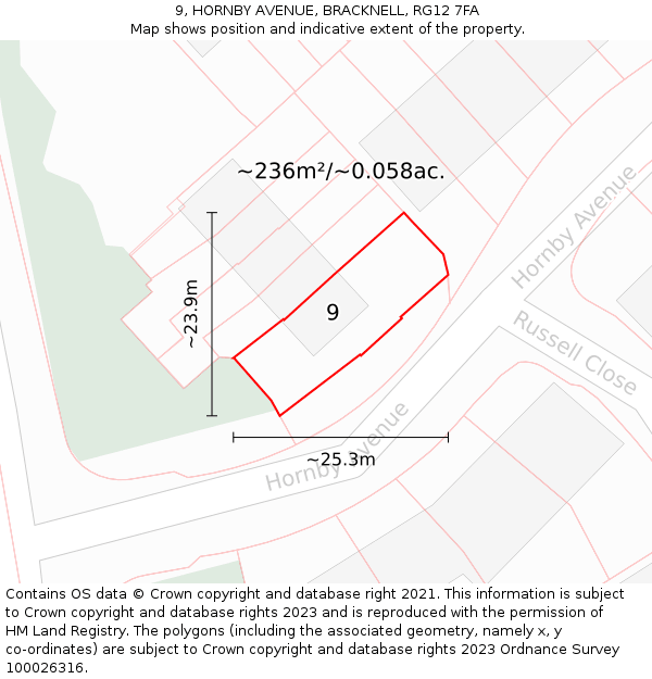 9, HORNBY AVENUE, BRACKNELL, RG12 7FA: Plot and title map