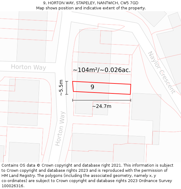 9, HORTON WAY, STAPELEY, NANTWICH, CW5 7GD: Plot and title map