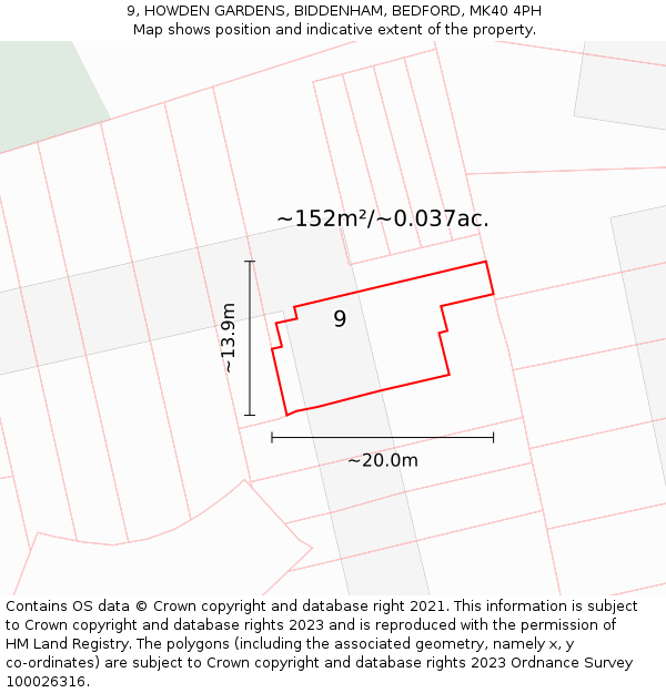 9, HOWDEN GARDENS, BIDDENHAM, BEDFORD, MK40 4PH: Plot and title map