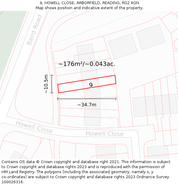 9, HOWELL CLOSE, ARBORFIELD, READING, RG2 9GN: Plot and title map