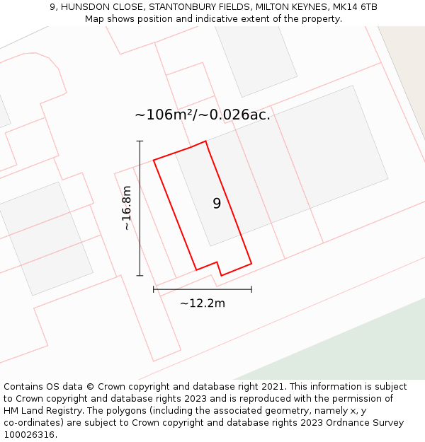 9, HUNSDON CLOSE, STANTONBURY FIELDS, MILTON KEYNES, MK14 6TB: Plot and title map