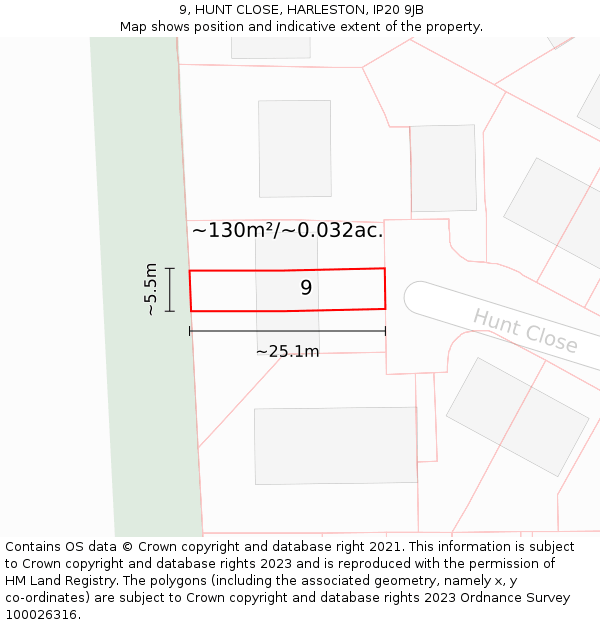 9, HUNT CLOSE, HARLESTON, IP20 9JB: Plot and title map