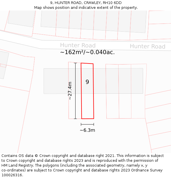 9, HUNTER ROAD, CRAWLEY, RH10 6DD: Plot and title map