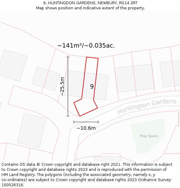 9, HUNTINGDON GARDENS, NEWBURY, RG14 2RT: Plot and title map