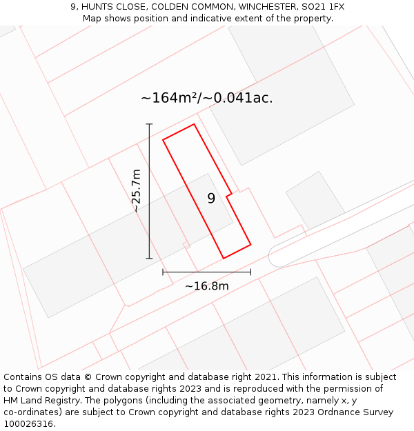 9, HUNTS CLOSE, COLDEN COMMON, WINCHESTER, SO21 1FX: Plot and title map