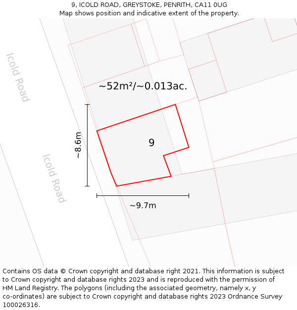 9, ICOLD ROAD, GREYSTOKE, PENRITH, CA11 0UG: Plot and title map