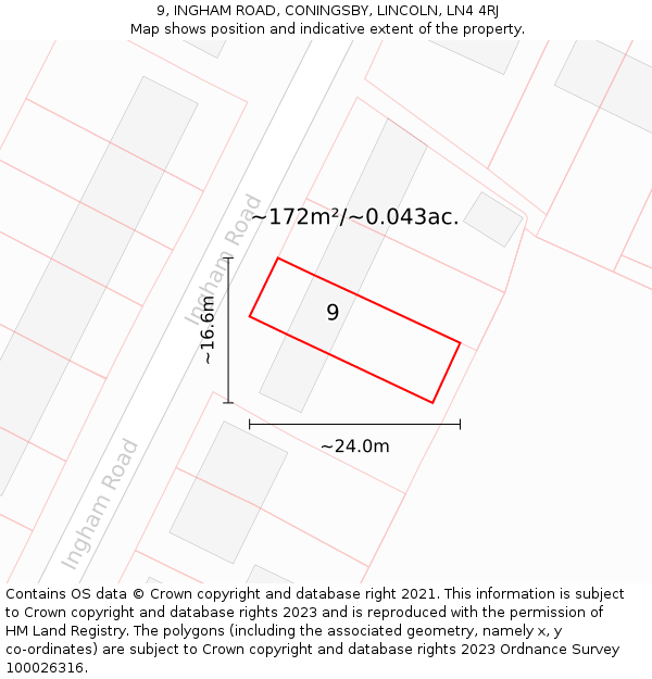 9, INGHAM ROAD, CONINGSBY, LINCOLN, LN4 4RJ: Plot and title map