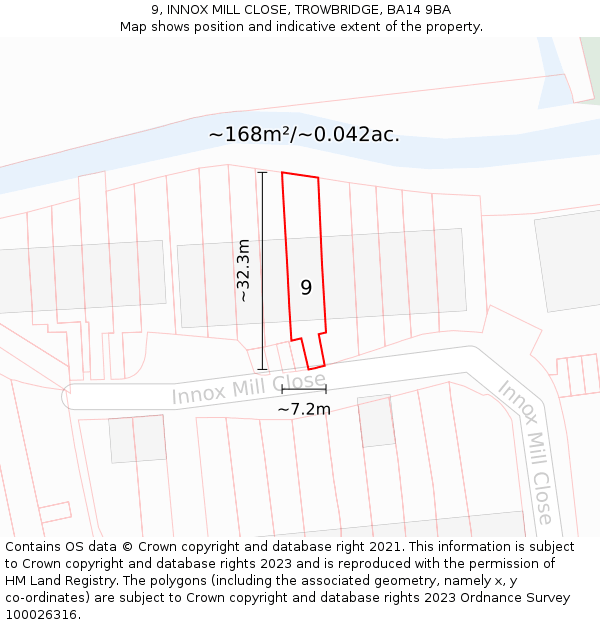 9, INNOX MILL CLOSE, TROWBRIDGE, BA14 9BA: Plot and title map