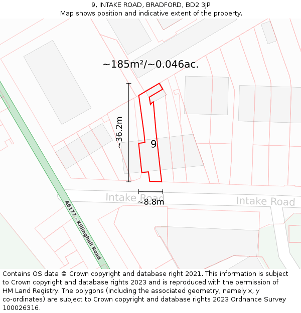 9, INTAKE ROAD, BRADFORD, BD2 3JP: Plot and title map