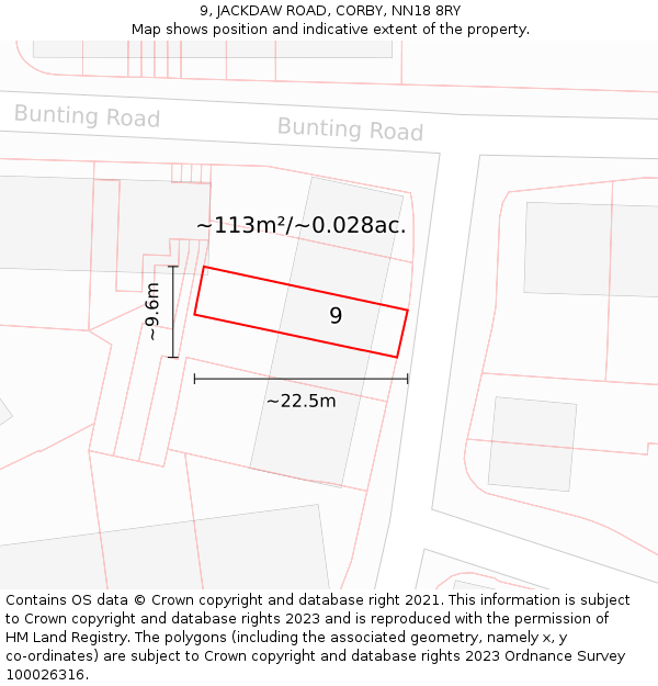 9, JACKDAW ROAD, CORBY, NN18 8RY: Plot and title map