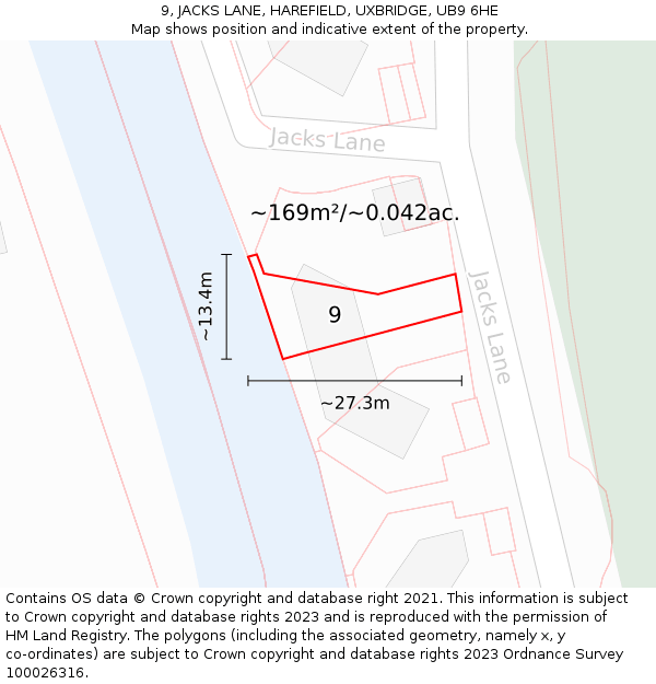 9, JACKS LANE, HAREFIELD, UXBRIDGE, UB9 6HE: Plot and title map