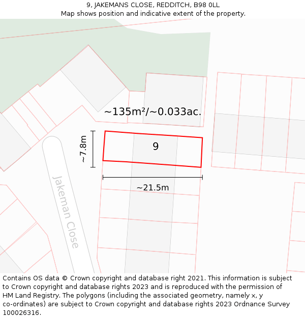 9, JAKEMANS CLOSE, REDDITCH, B98 0LL: Plot and title map