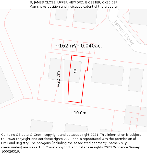 9, JAMES CLOSE, UPPER HEYFORD, BICESTER, OX25 5BF: Plot and title map
