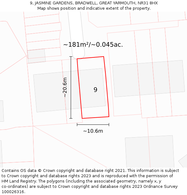 9, JASMINE GARDENS, BRADWELL, GREAT YARMOUTH, NR31 8HX: Plot and title map