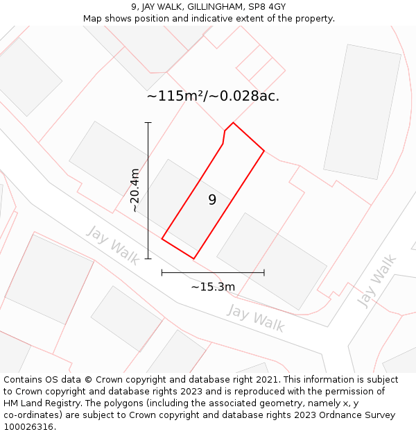 9, JAY WALK, GILLINGHAM, SP8 4GY: Plot and title map