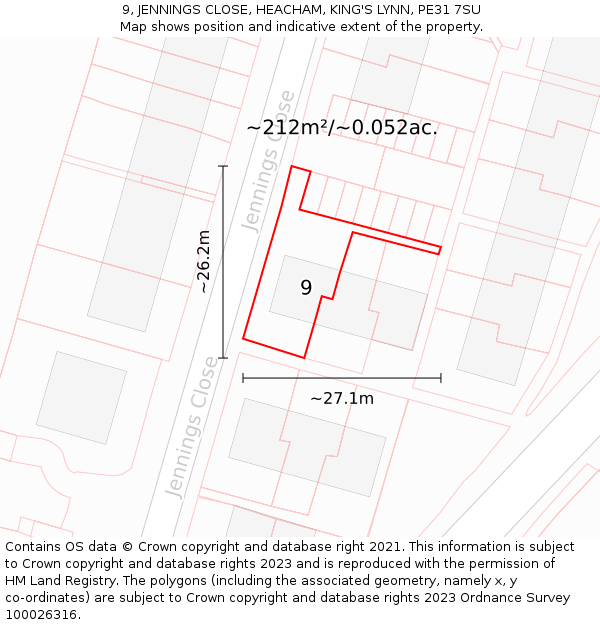 9, JENNINGS CLOSE, HEACHAM, KING'S LYNN, PE31 7SU: Plot and title map